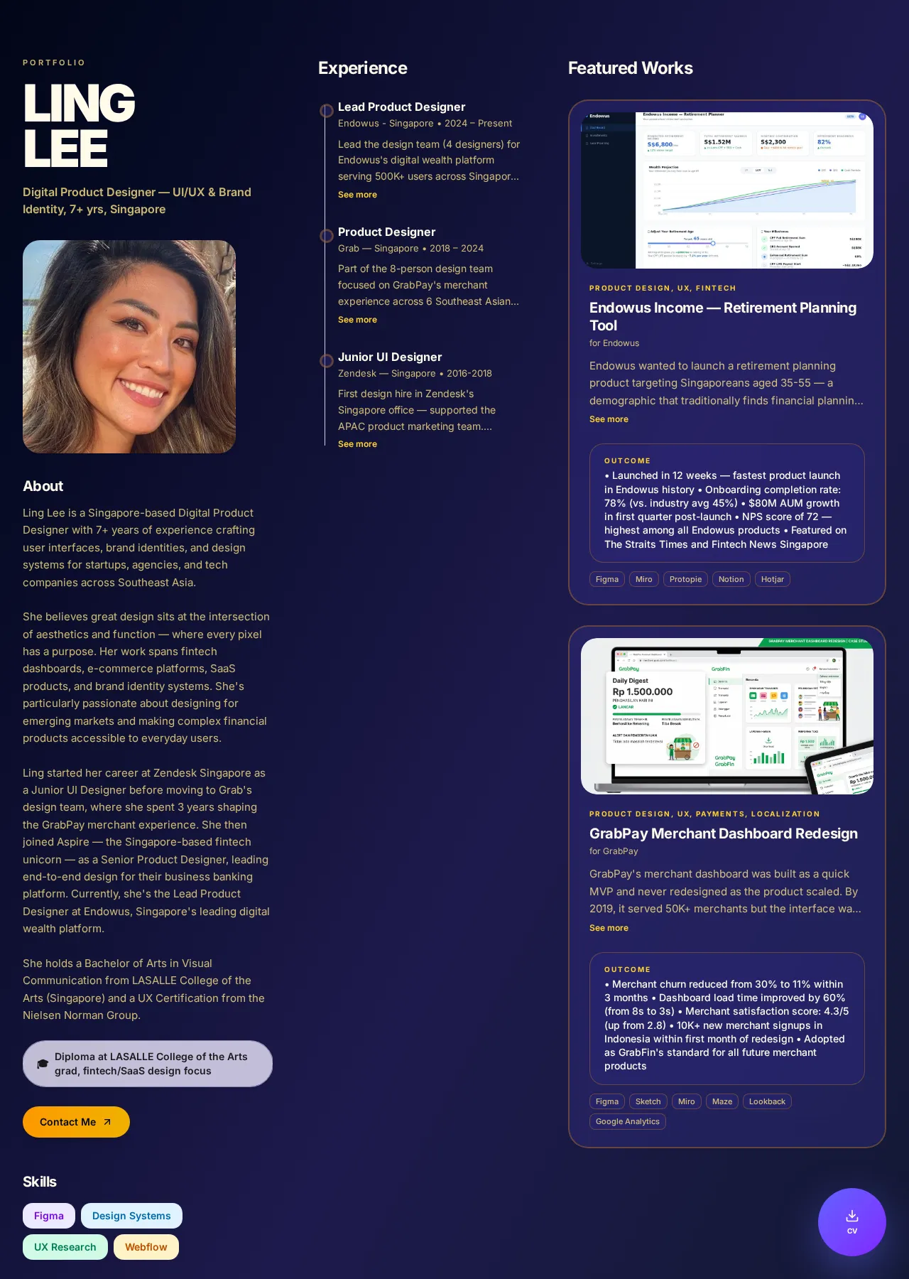 Example PortfolioLink portfolio of Ling Lee, a digital product designer, showing about, experience and featured work